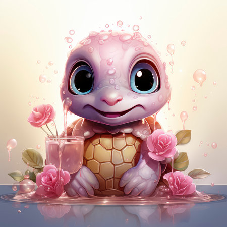 Adorable pink turtle in water, surrounded by bubbles and plants, with a playful and whimsical expressionの素材