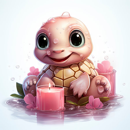 Adorable pink turtle in water, surrounded by bubbles and plants, with a playful and whimsical expressionの素材