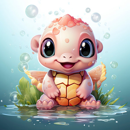 Adorable pink turtle in water, surrounded by bubbles and plants, with a playful and whimsical expressionの素材