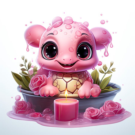 Adorable pink turtle in water, surrounded by bubbles and plants, with a playful and whimsical expressionの素材