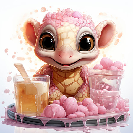 Adorable pink turtle in water, surrounded by bubbles and plants, with a playful and whimsical expressionの素材