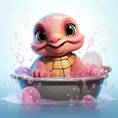 Adorable pink turtle in water, surrounded by bubbles and plants, with a playful and whimsical expressionの素材