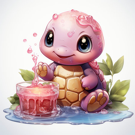 Adorable pink turtle in water, surrounded by bubbles and plants, with a playful and whimsical expressionの素材
