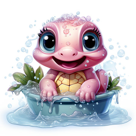 Adorable pink turtle in water, surrounded by bubbles and plants, with a playful and whimsical expressionの素材
