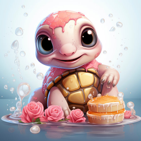 Adorable pink turtle in water, surrounded by bubbles and plants, with a playful and whimsical expressionの素材