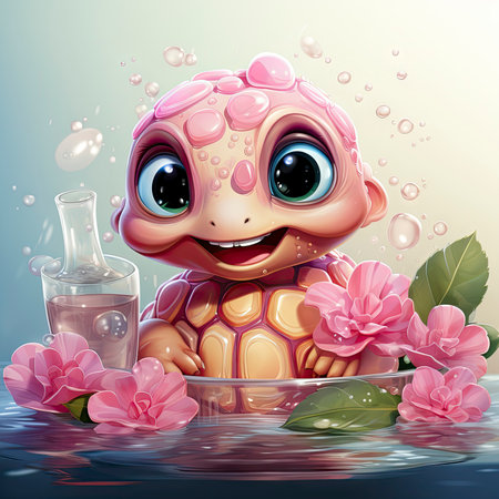 Adorable pink turtle in water, surrounded by bubbles and plants, with a playful and whimsical expressionの素材