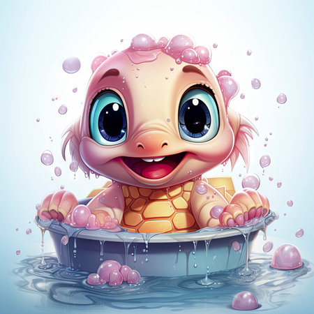 Adorable pink turtle in water, surrounded by bubbles and plants, with a playful and whimsical expressionの素材