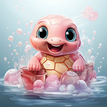 Adorable pink turtle in water, surrounded by bubbles and plants, with a playful and whimsical expressionの素材