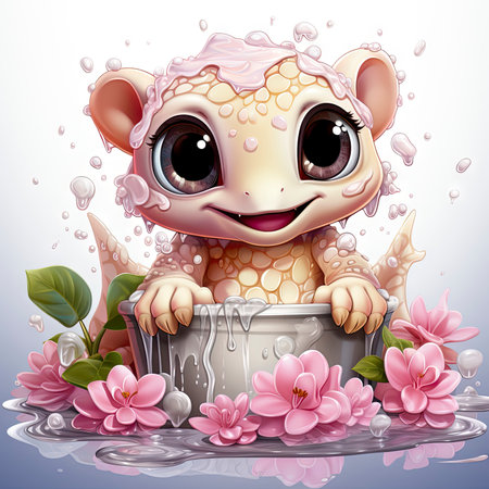 Adorable pink turtle in water, surrounded by bubbles and plants, with a playful and whimsical expressionの素材