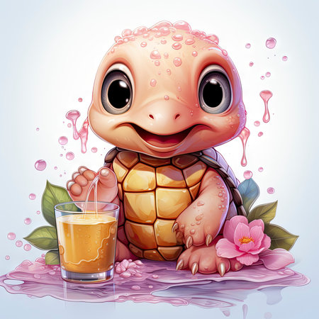 Adorable pink turtle in water, surrounded by bubbles and plants, with a playful and whimsical expressionの素材