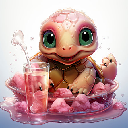 Adorable pink turtle in water, surrounded by bubbles and plants, with a playful and whimsical expressionの素材
