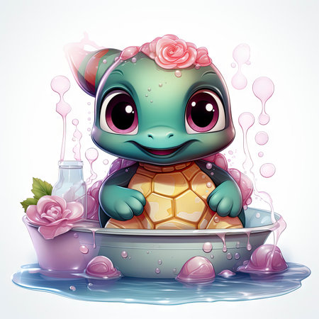 Adorable pink turtle in water, surrounded by bubbles and plants, with a playful and whimsical expressionの素材