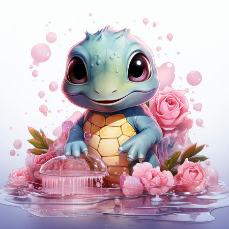 Adorable pink turtle in water, surrounded by bubbles and plants, with a playful and whimsical expressionの素材