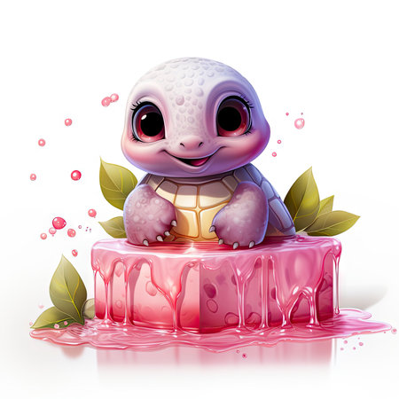 Adorable pink turtle in water, surrounded by bubbles and plants, with a playful and whimsical expressionの素材