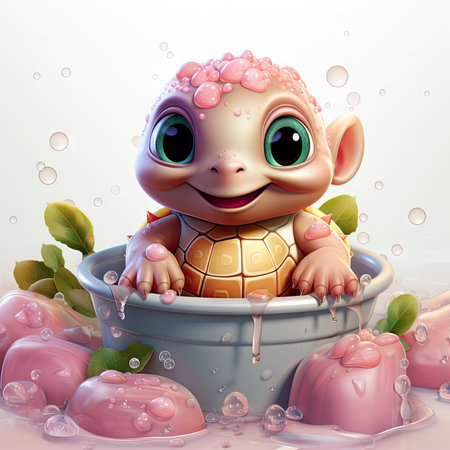 Adorable pink turtle in water, surrounded by bubbles and plants, with a playful and whimsical expressionの素材
