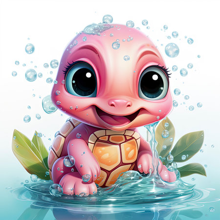 Adorable pink turtle in water, surrounded by bubbles and plants, with a playful and whimsical expressionの素材