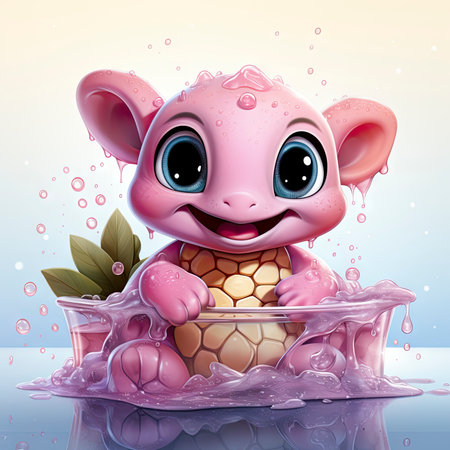 Adorable pink turtle in water, surrounded by bubbles and plants, with a playful and whimsical expressionの素材