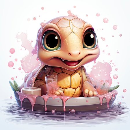 Adorable pink turtle in water, surrounded by bubbles and plants, with a playful and whimsical expressionの素材