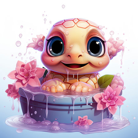 Adorable pink turtle in water, surrounded by bubbles and plants, with a playful and whimsical expressionの素材