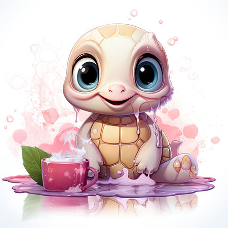 Adorable pink turtle in water, surrounded by bubbles and plants, with a playful and whimsical expressionの素材