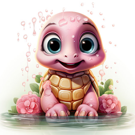Adorable pink turtle in water, surrounded by bubbles and plants, with a playful and whimsical expressionの素材