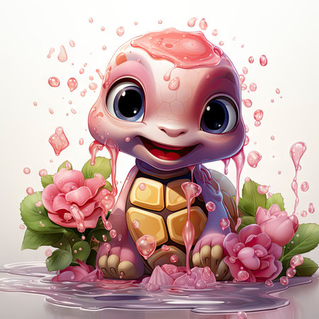 Adorable pink turtle in water, surrounded by bubbles and plants, with a playful and whimsical expressionの素材