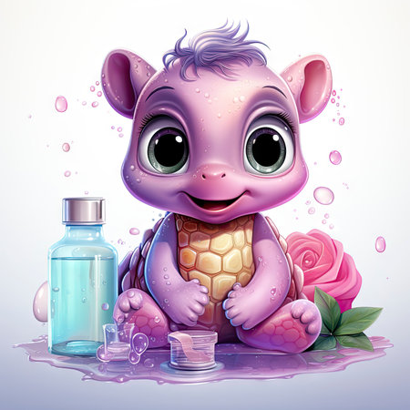 Adorable pink turtle in water, surrounded by bubbles and plants, with a playful and whimsical expressionの素材
