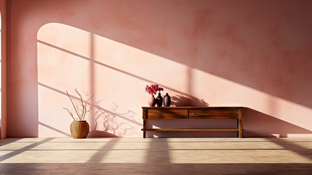 Minimalist room with pink textured walls, sunlight casting shadows, wooden table and vibrant floral vaseの素材