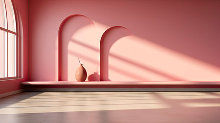 Minimalist room with pink textured walls, sunlight casting shadows, wooden table and vibrant floral vaseの素材