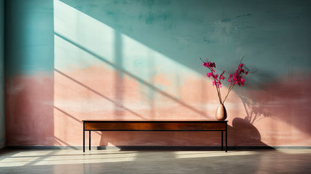 Minimalist room with pink textured walls, sunlight casting shadows, wooden table and vibrant floral vaseの素材