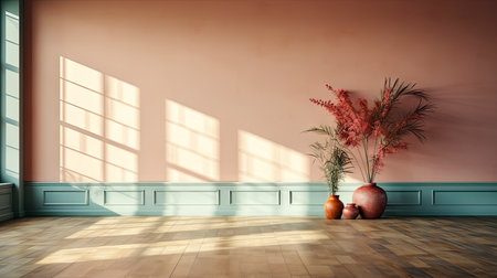 Minimalist room with pink textured walls, sunlight casting shadows, wooden table and vibrant floral vaseの素材