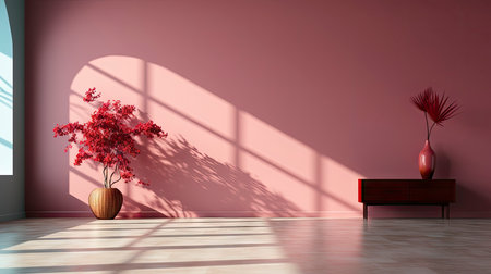 Minimalist room with pink textured walls, sunlight casting shadows, wooden table and vibrant floral vaseの素材