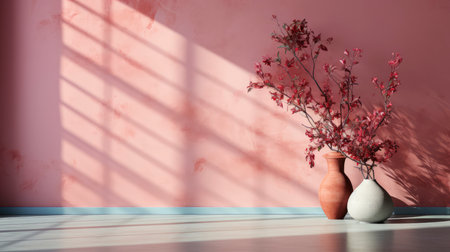 Minimalist room with pink textured walls, sunlight casting shadows, wooden table and vibrant floral vaseの素材