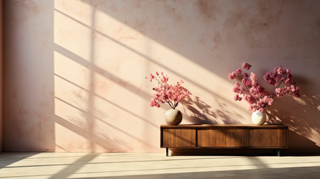 Minimalist room with pink textured walls, sunlight casting shadows, wooden table and vibrant floral vaseの素材