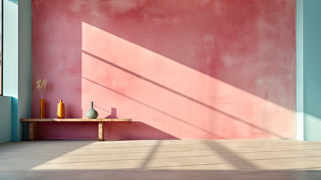 Minimalist room with pink textured walls, sunlight casting shadows, wooden table and vibrant floral vaseの素材