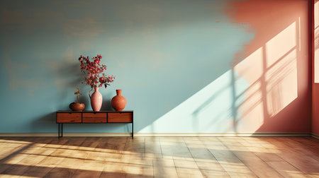 Minimalist room with pink textured walls, sunlight casting shadows, wooden table and vibrant floral vaseの素材