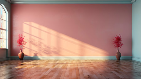 Minimalist room with pink textured walls, sunlight casting shadows, wooden table and vibrant floral vaseの素材