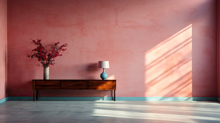 Minimalist room with pink textured walls, sunlight casting shadows, wooden table and vibrant floral vaseの素材