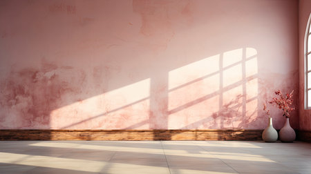 Minimalist room with pink textured walls, sunlight casting shadows, wooden table and vibrant floral vaseの素材