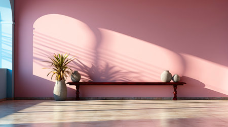 Minimalist room with pink textured walls, sunlight casting shadows, wooden table and vibrant floral vaseの素材