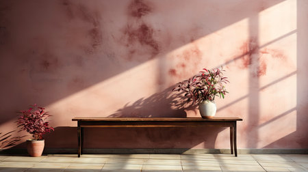 Minimalist room with pink textured walls, sunlight casting shadows, wooden table and vibrant floral vaseの素材