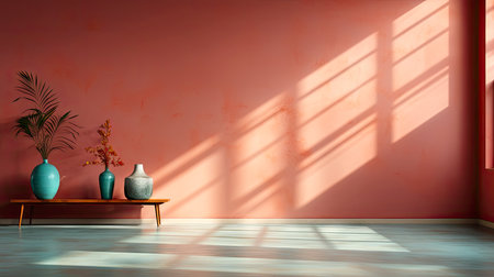 Minimalist room with pink textured walls, sunlight casting shadows, wooden table and vibrant floral vaseの素材