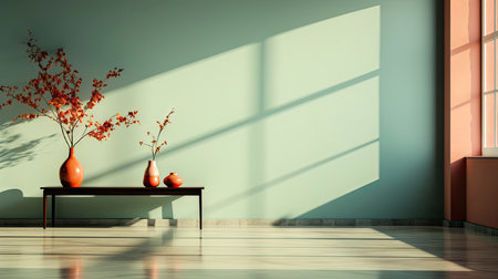 Minimalist room with pink textured walls, sunlight casting shadows, wooden table and vibrant floral vaseの素材