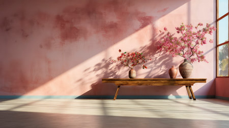 Minimalist room with pink textured walls, sunlight casting shadows, wooden table and vibrant floral vaseの素材
