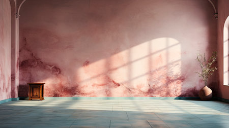 Minimalist room with pink textured walls, sunlight casting shadows, wooden table and vibrant floral vaseの素材