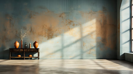 Minimalist room with pink textured walls, sunlight casting shadows, wooden table and vibrant floral vaseの素材