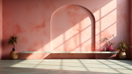 Minimalist room with pink textured walls, sunlight casting shadows, wooden table and vibrant floral vaseの素材