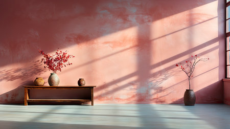 Minimalist room with pink textured walls, sunlight casting shadows, wooden table and vibrant floral vaseの素材