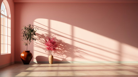 Minimalist room with pink textured walls, sunlight casting shadows, wooden table and vibrant floral vaseの素材