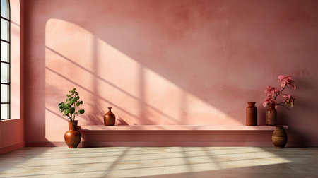 Minimalist room with pink textured walls, sunlight casting shadows, wooden table and vibrant floral vaseの素材